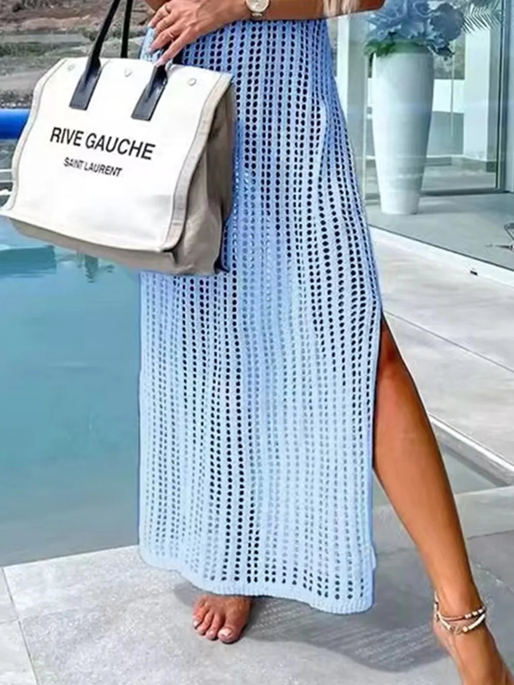 Beach cover shirt casual solid color slit backless knitted camisole dress