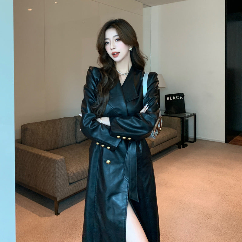 Elegant Leather Lace Up Waist Long Trench Coat
