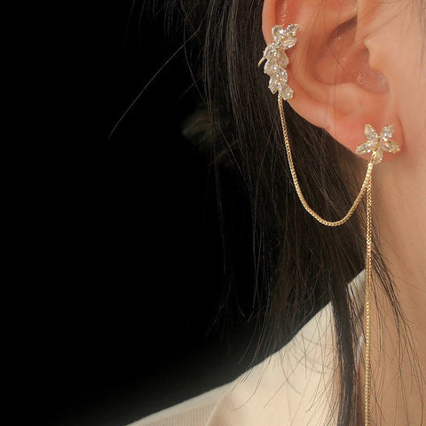 Ins Zircon Long One-piece Tassel Earrings Female Cold Style Flower Stud Earrings Ear Clip