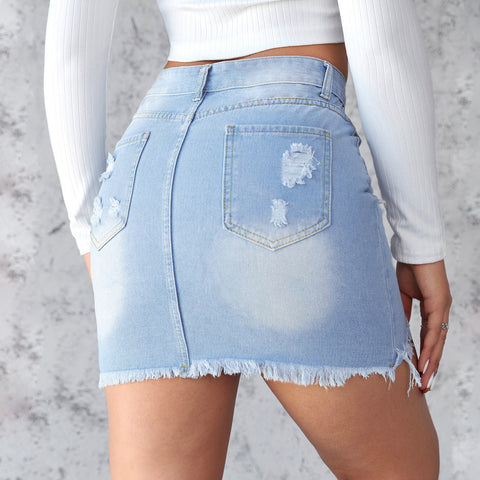 Slim-fit Ripped Denim Skirt For Women