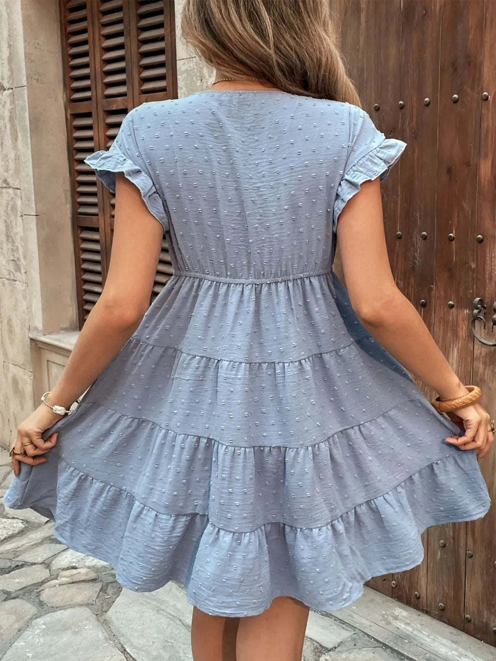 Dress jacquard texture V-neck casual versatile solid color short skirt for women