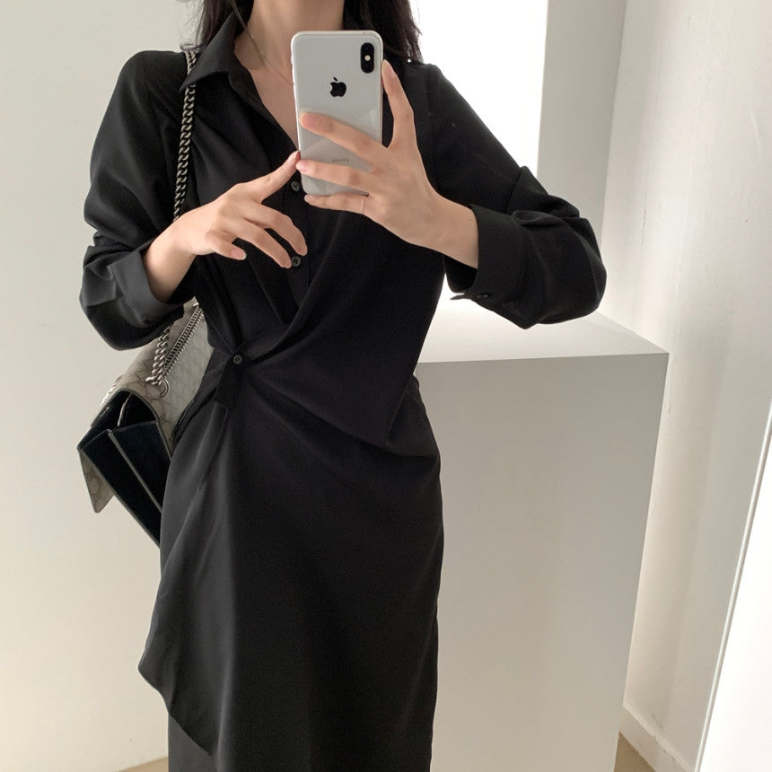 Retro irregular waist shirt dress