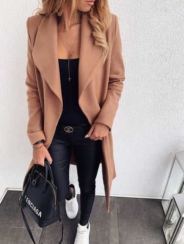 Double Breasted Winter Notched Mid Long Woolen Coat