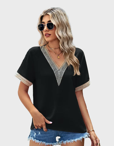 Lace patchwork V-neck solid color base T-shirt chiffon top