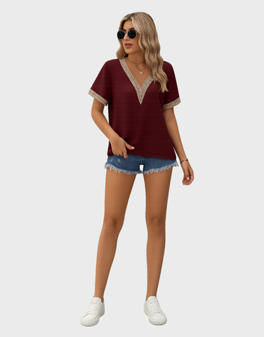 Lace patchwork V-neck solid color base T-shirt chiffon top