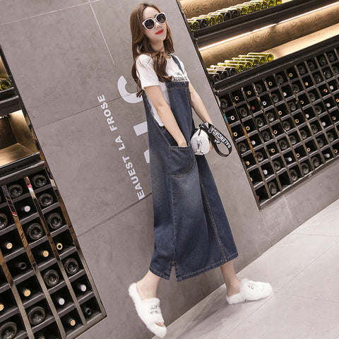 Pocketed Denim suspenders skirt