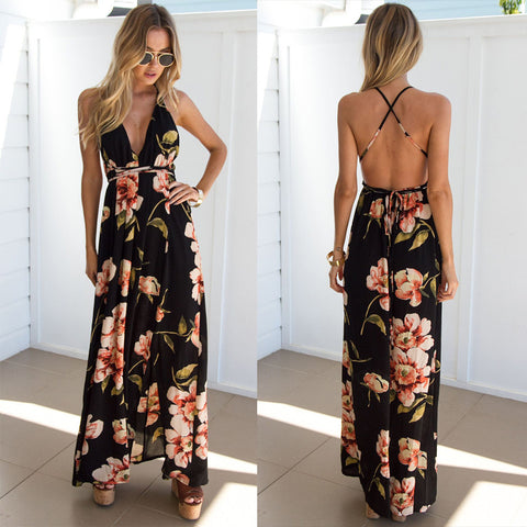 Sleeveless printed low-cut halter strap maxi skirt