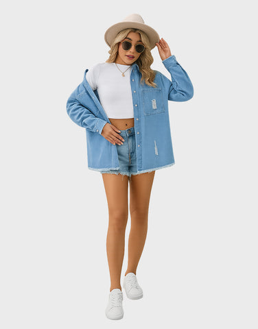 Distressed Raw Hem Dropped Shoulder Denim Jacket