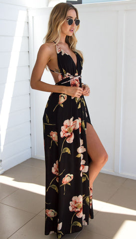 Sleeveless printed low-cut halter strap maxi skirt
