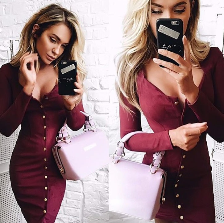 Spring Women Bodycon Slim Long Sleeve Party Cocktail Pencil Mini Dress