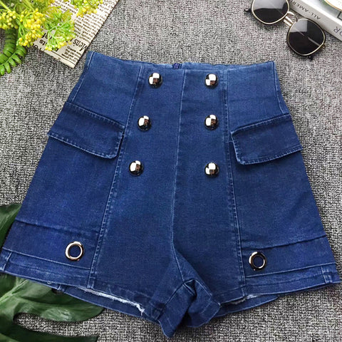 Mid-waist double-breasted denim shorts