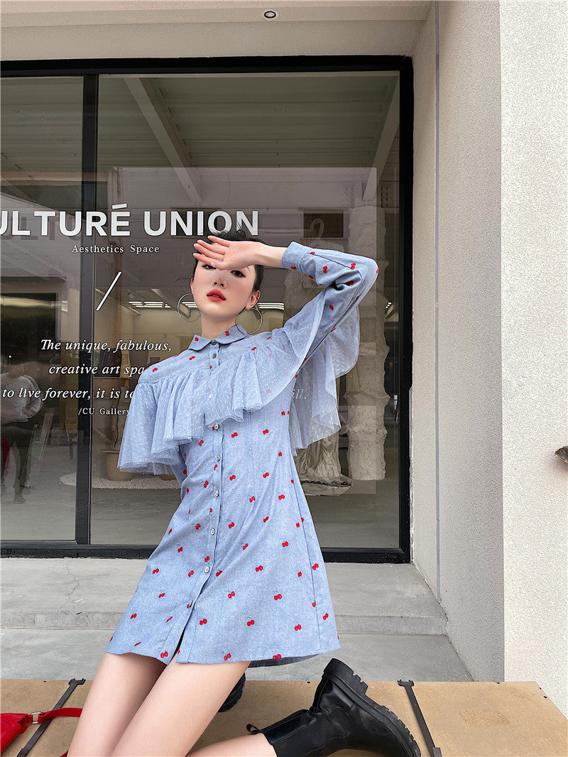 Female Dress Long Sleeve Blue Shirt Dress
