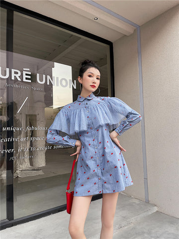 Female Dress Long Sleeve Blue Shirt Dress