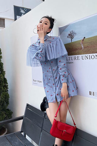 Female Dress Long Sleeve Blue Shirt Dress