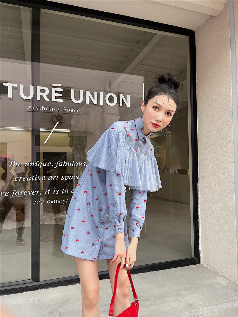 Female Dress Long Sleeve Blue Shirt Dress