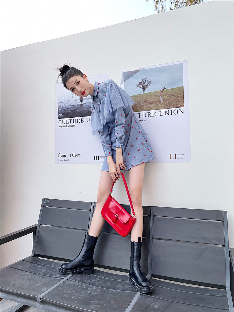Female Dress Long Sleeve Blue Shirt Dress