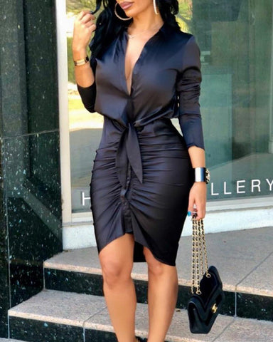 Lace-up Long Sleeve Midi Shirt Dress