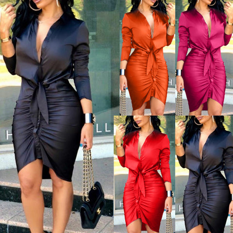 Lace-up Long Sleeve Midi Shirt Dress