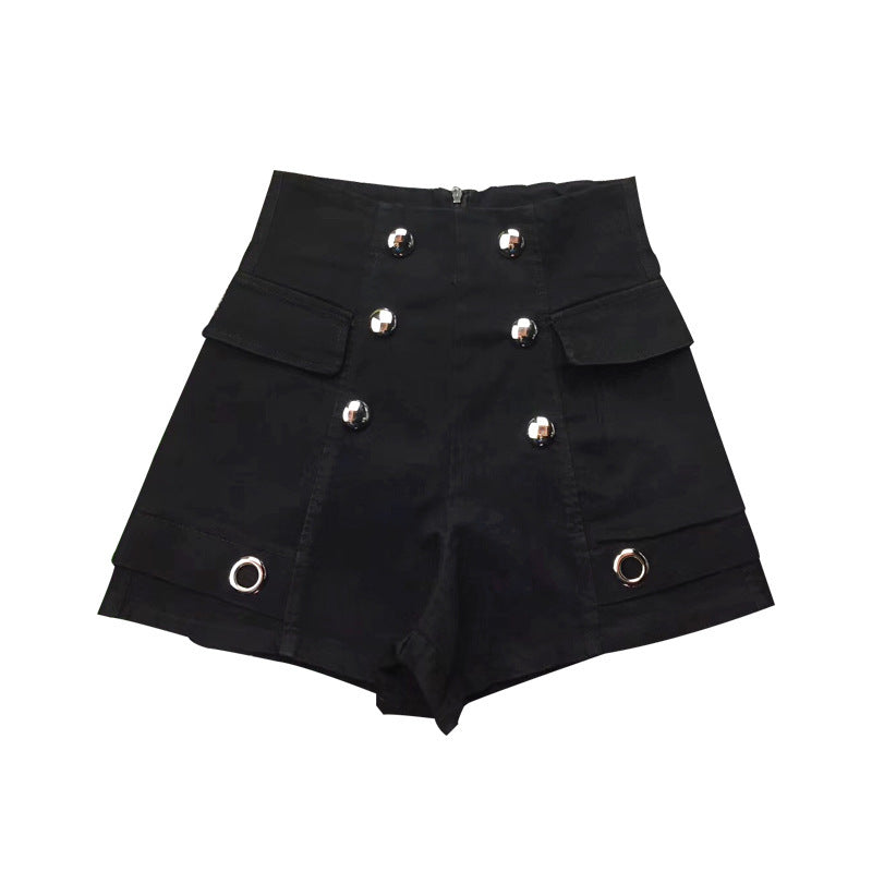 Mid-waist double-breasted denim shorts