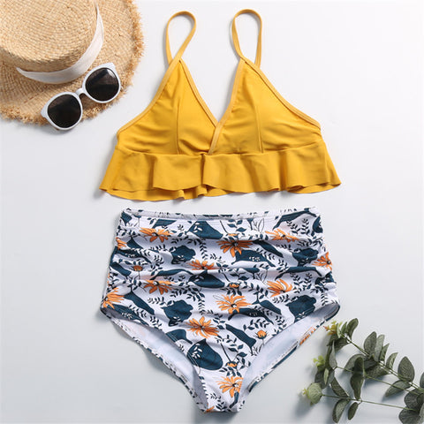 Sexy High-Waisted Ruffled Bikini Split Swimsuit