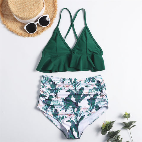 Sexy High-Waisted Ruffled Bikini Split Swimsuit