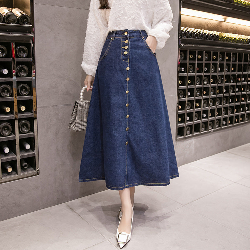 New Style Denim Big Hem Skirt Mid length Fashion Buttoned Denim Skirt