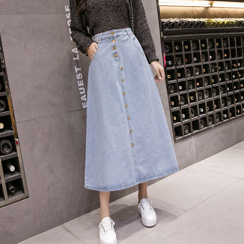 New Style Denim Big Hem Skirt Mid length Fashion Buttoned Denim Skirt