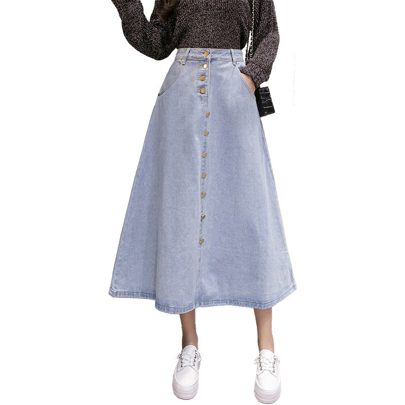 New Style Denim Big Hem Skirt Mid length Fashion Buttoned Denim Skirt