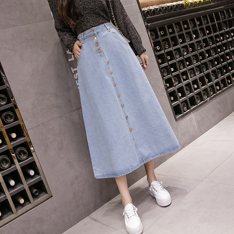 New Style Denim Big Hem Skirt Mid length Fashion Buttoned Denim Skirt