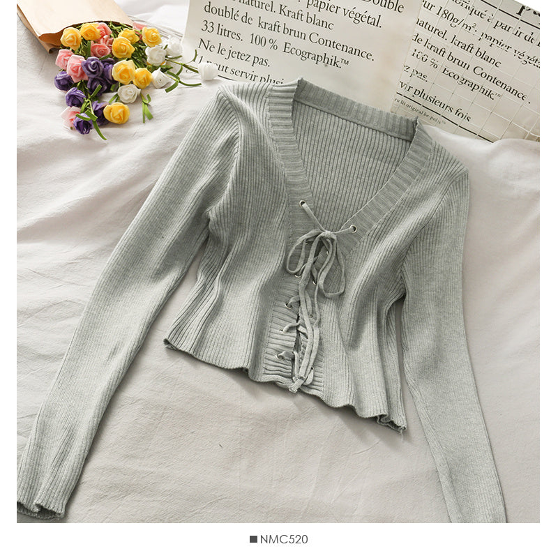 Slim-fit Rope Tie V-neck Long-sleeved knit Sweater Tops Women's Color Versatile Pumping Slimming Shirt