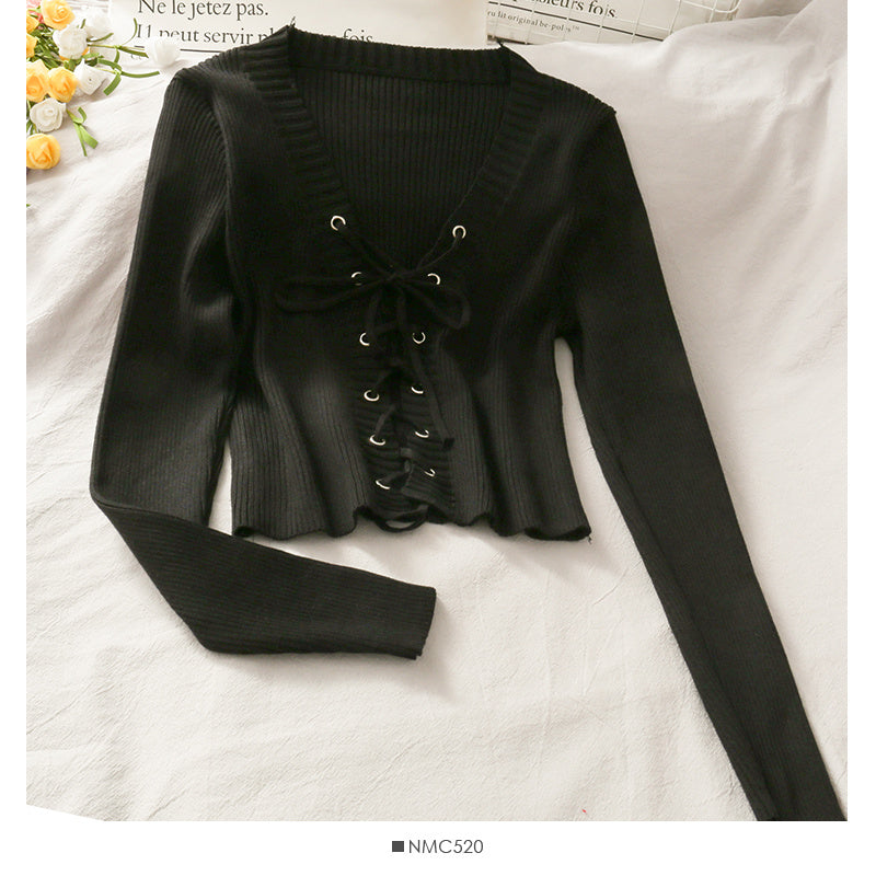 Slim-fit Rope Tie V-neck Long-sleeved knit Sweater Tops Women's Color Versatile Pumping Slimming Shirt