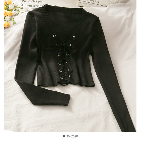 Slim-fit Rope Tie V-neck Long-sleeved knit Sweater Tops Women's Color Versatile Pumping Slimming Shirt