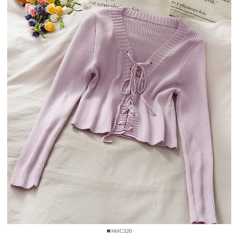 Slim-fit Rope Tie V-neck Long-sleeved knit Sweater Tops Women's Color Versatile Pumping Slimming Shirt