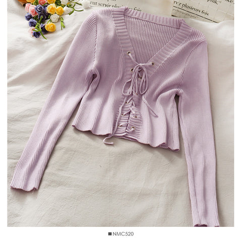 Slim-fit Rope Tie V-neck Long-sleeved knit Sweater Tops Women's Color Versatile Pumping Slimming Shirt