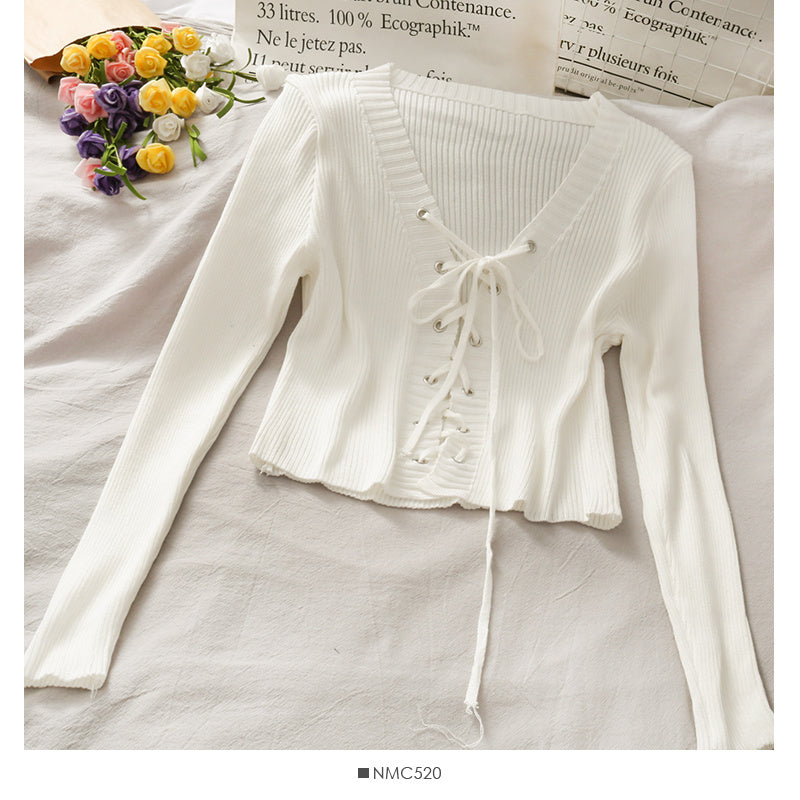 Slim-fit Rope Tie V-neck Long-sleeved knit Sweater Tops Women's Color Versatile Pumping Slimming Shirt