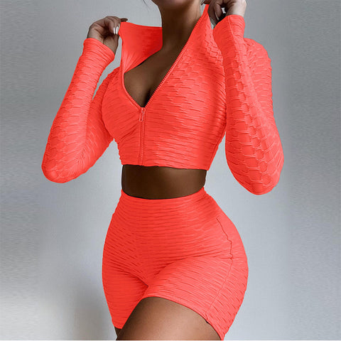 Sets Zipper Stand Collar Long Sleeve Crop Tops & High Waist Shorts Sets
