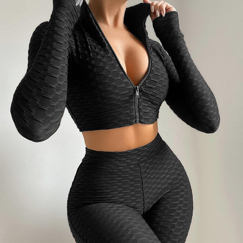 Sets Zipper Stand Collar Long Sleeve Crop Tops & High Waist Shorts Sets