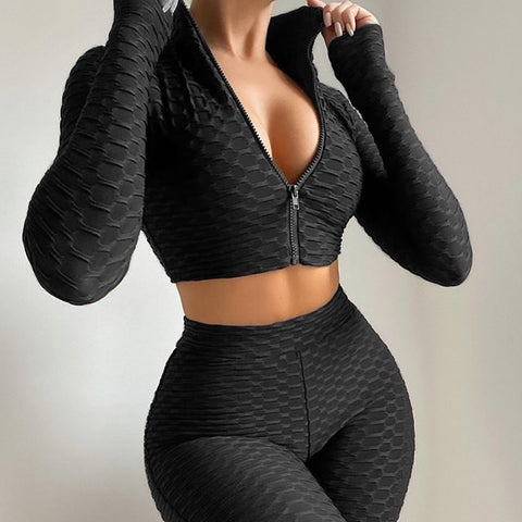 Sets Zipper Stand Collar Long Sleeve Crop Tops & High Waist Shorts Sets