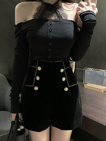 Double Breasted High Waist Gold Velvet Shorts Casual Versatile Wide-leg Pants