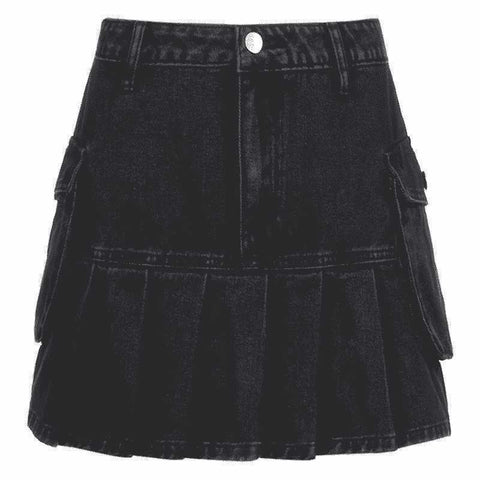 High Waist Pleated Denim Skirt