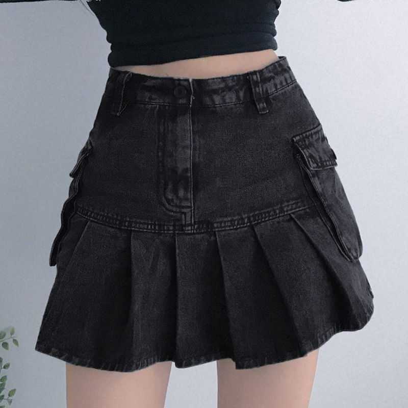 High Waist Pleated Denim Skirt