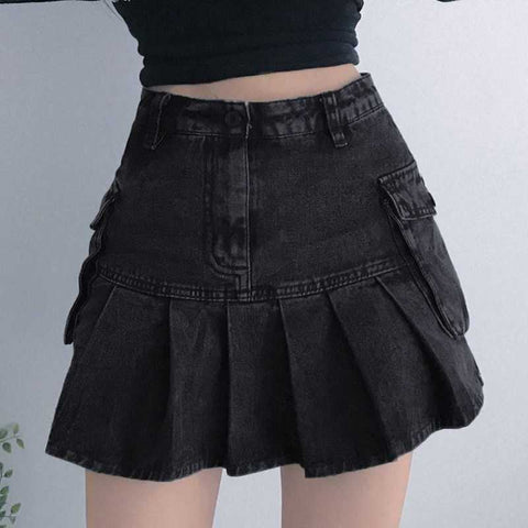 High Waist Pleated Denim Skirt
