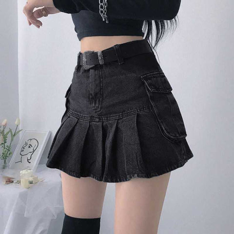 High Waist Pleated Denim Skirt