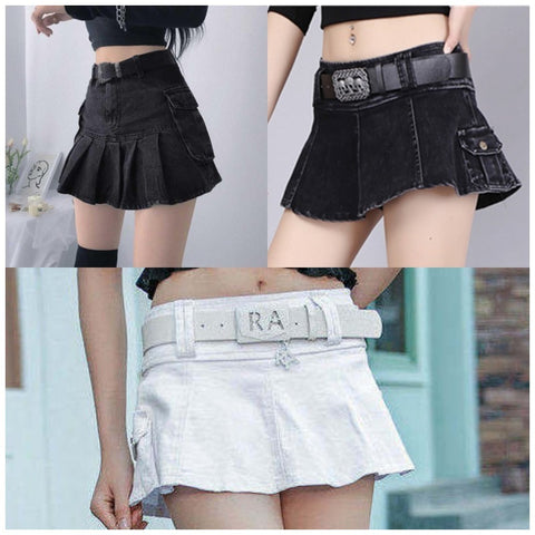 Three different styles of denim skirts worn by a person.