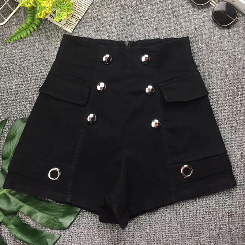 Mid-waist double-breasted denim shorts