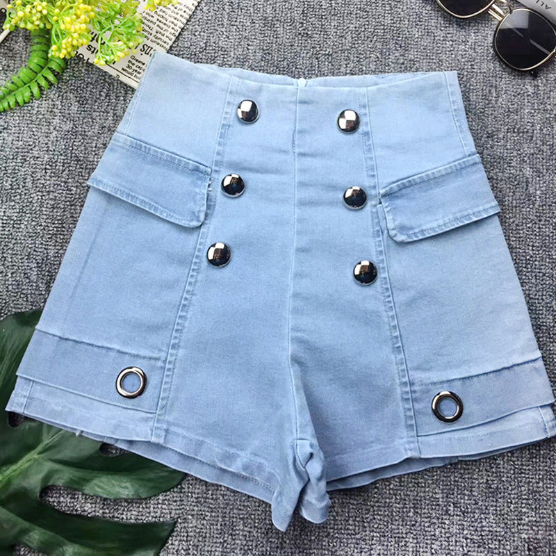 Mid-waist double-breasted denim shorts