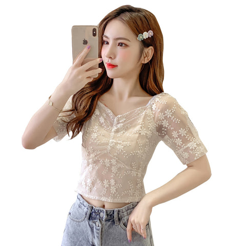 Lace floral net shirt
