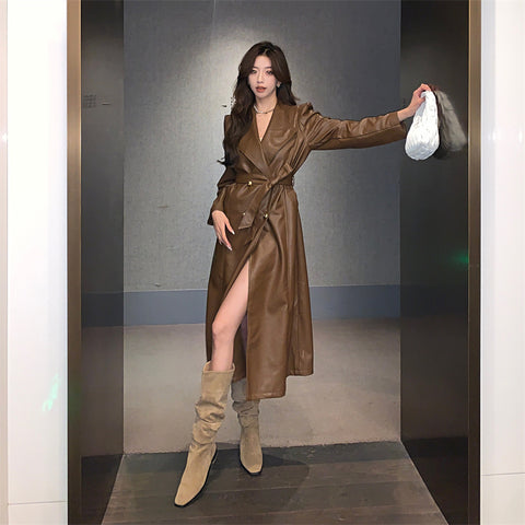 Elegant Leather Lace Up Waist Long Trench Coat