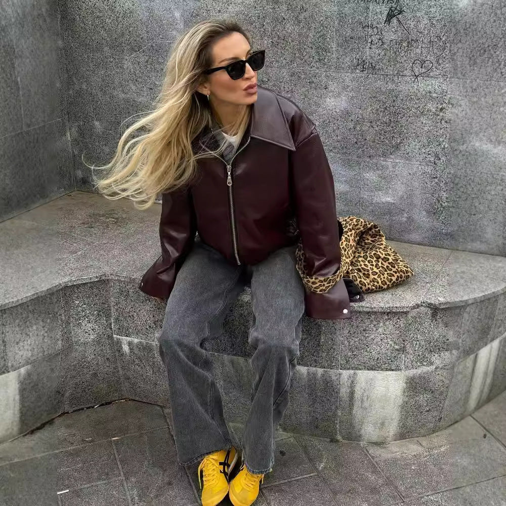 Long Sleeved Solid Color Lapel Zipper Jacket Coat