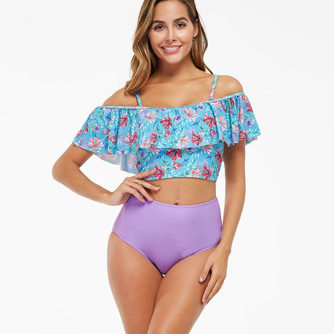 Women's High-waisted Belly Covering Printed Swimsuit Bikini